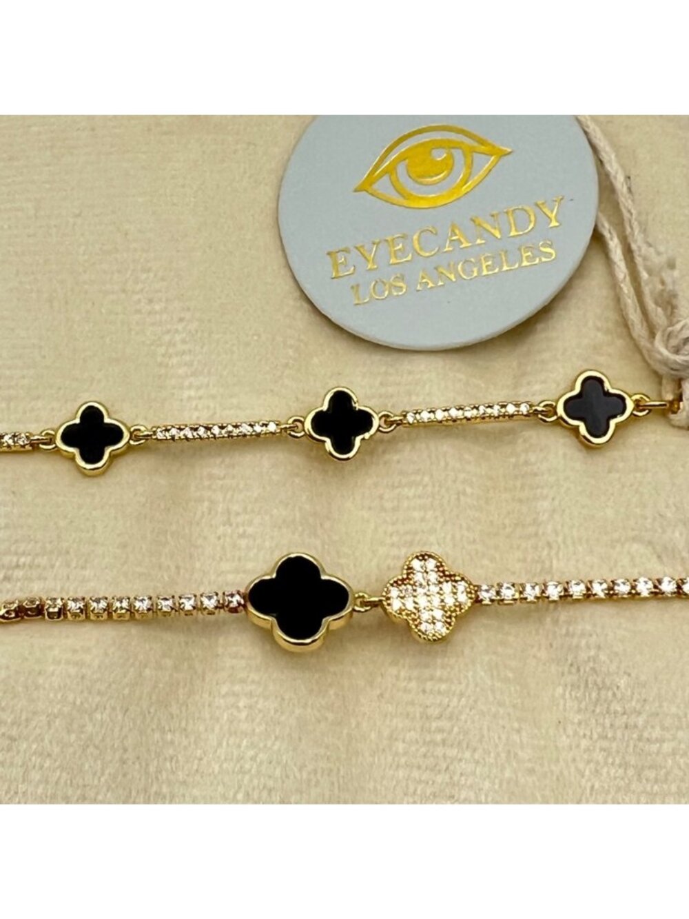 Set 2 Adjustable Gold-Tone Bracelets Black Clover Charms CZ Accents Eyecandy LA - Picture 2 of 9